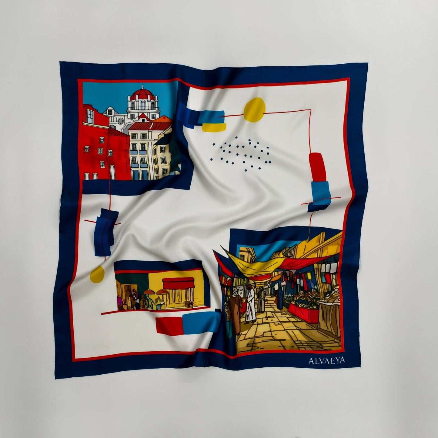 Ibn Batuta Silk Scarf design featuring vibrant market scenes and architectural elements from the Lineage Collection by Alvaeya.