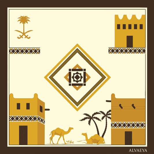 Najd Heritage Silk Scarf design featuring traditional architecture, camels, and palm trees in warm tones, from Alvaeya.