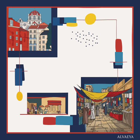 Ibn Batuta Silk Scarf design featuring vibrant market scenes and architectural elements from the Lineage Collection by Alvaeya.