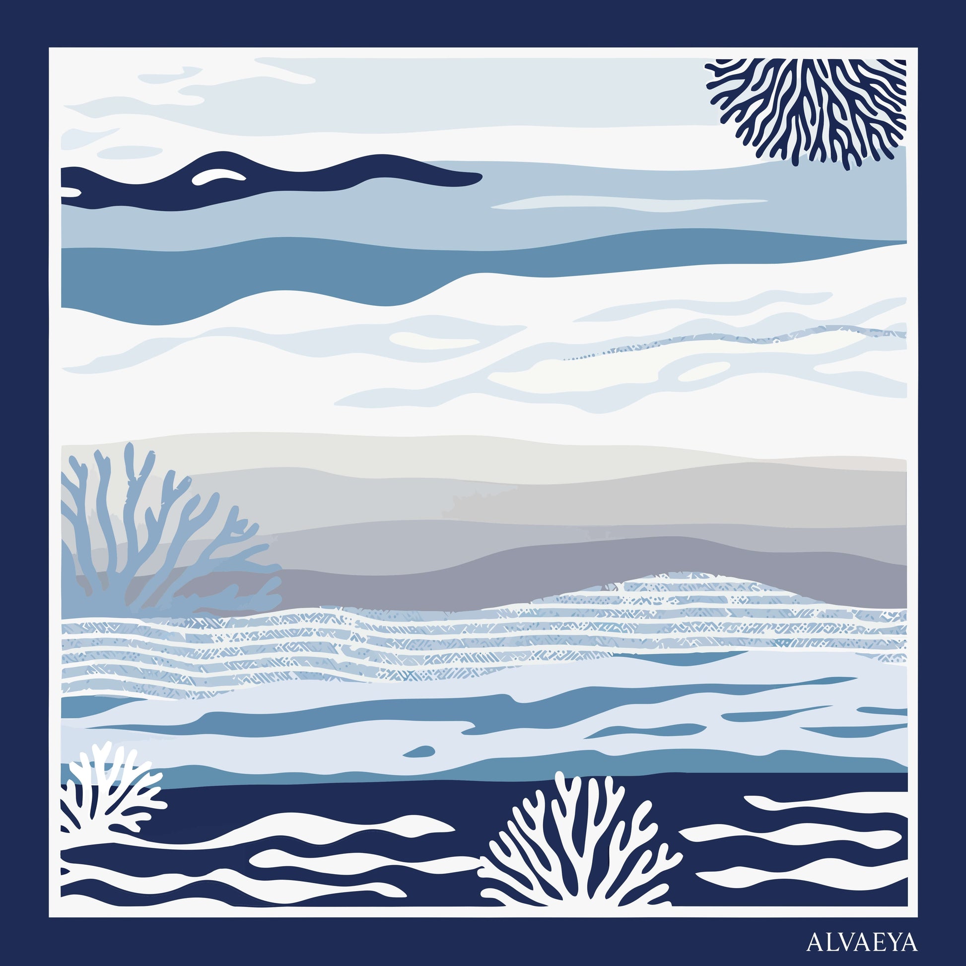 Red Sea Reef Silk Scarf design featuring blue coral patterns and ocean waves from the Lineage Collection.