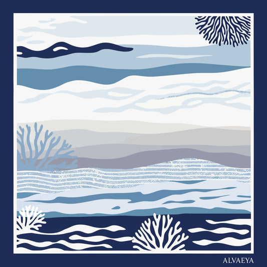 Red Sea Reef Silk Scarf design featuring blue coral patterns and ocean waves from the Lineage Collection.