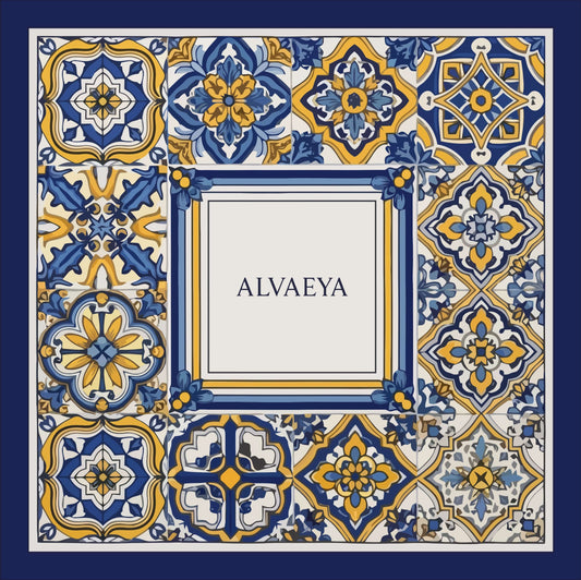 Colorful azulejos design featuring intricate patterns in blue and yellow with 'ALVAEYA' in the center.