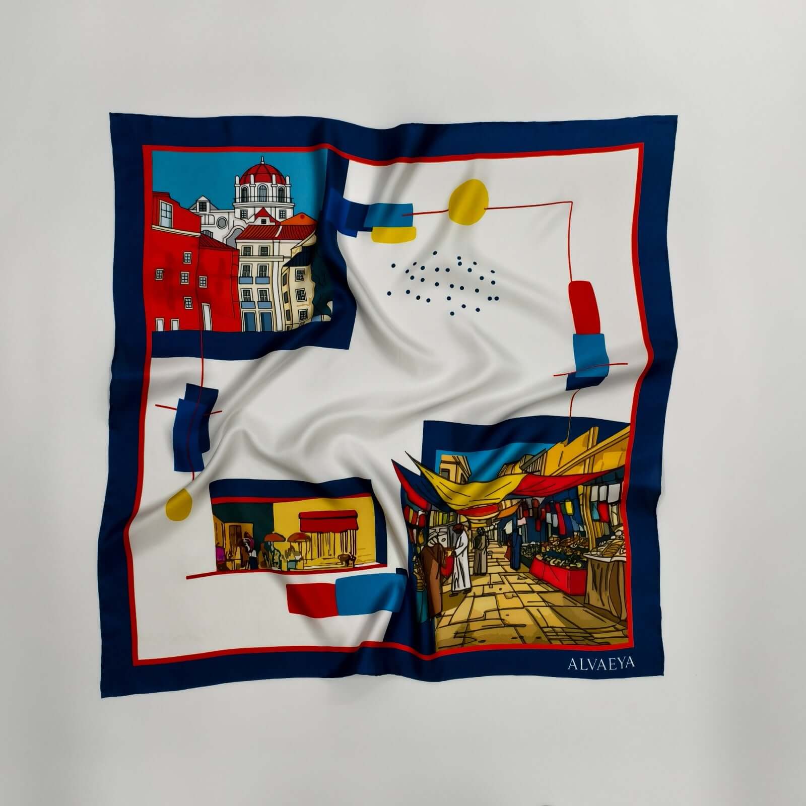 Ibn Batuta Silk Scarf design featuring vibrant market scenes and architectural elements from the Lineage Collection by Alvaeya.